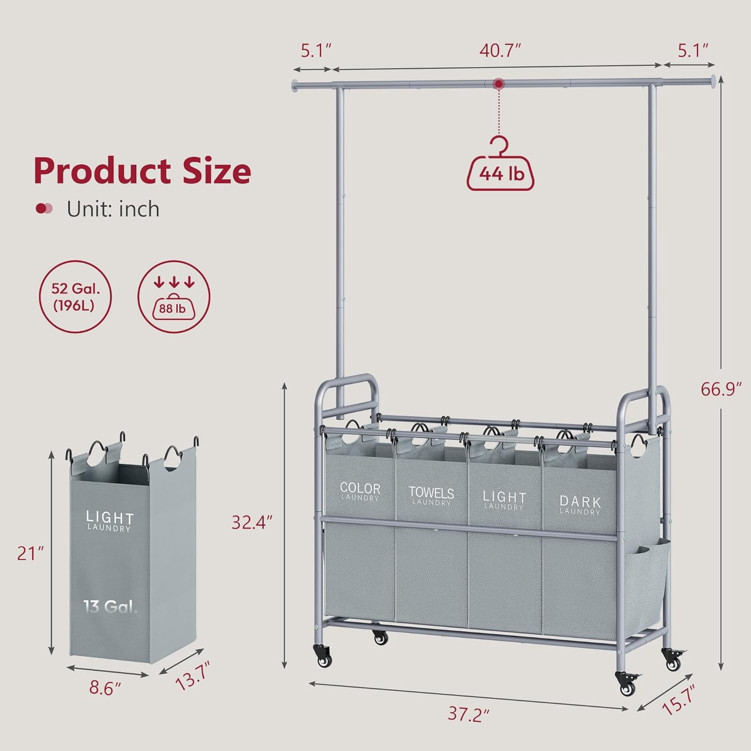 Laundry Sorter Cart with Hanging Clothes Rack, 4 Butler Sorter Basket Organizer, Laundry Hamper Cart with Heavy Duty Rolling Lockable Wheels