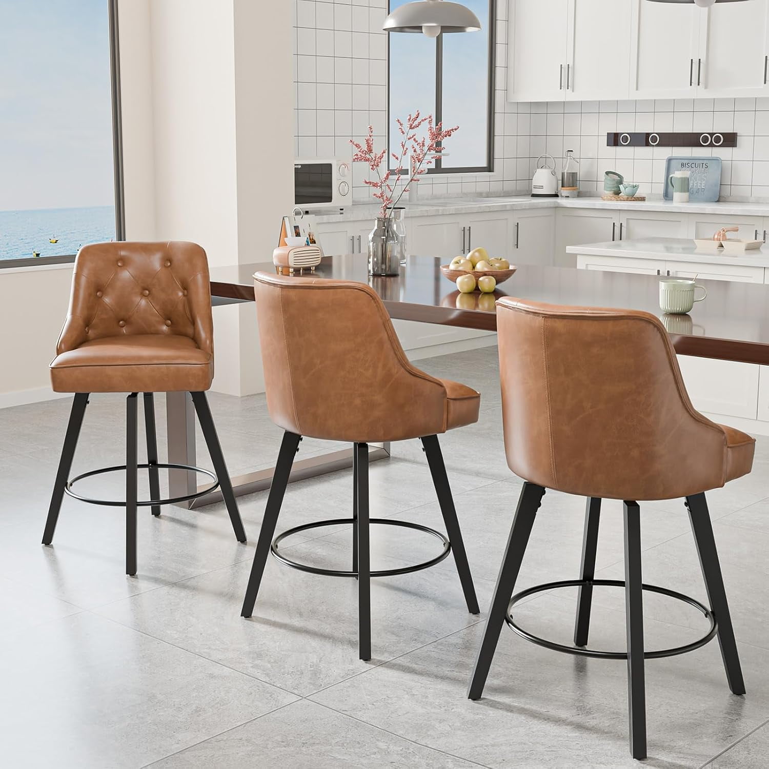 VINGLI 26" H Swivel Barstools Set of 2, Linen Fabric Upholstered Counter Stool with Back, Kitchen High Chairs Counter Height Bar Stools with Cushion, Solid Wood Legs, Beige