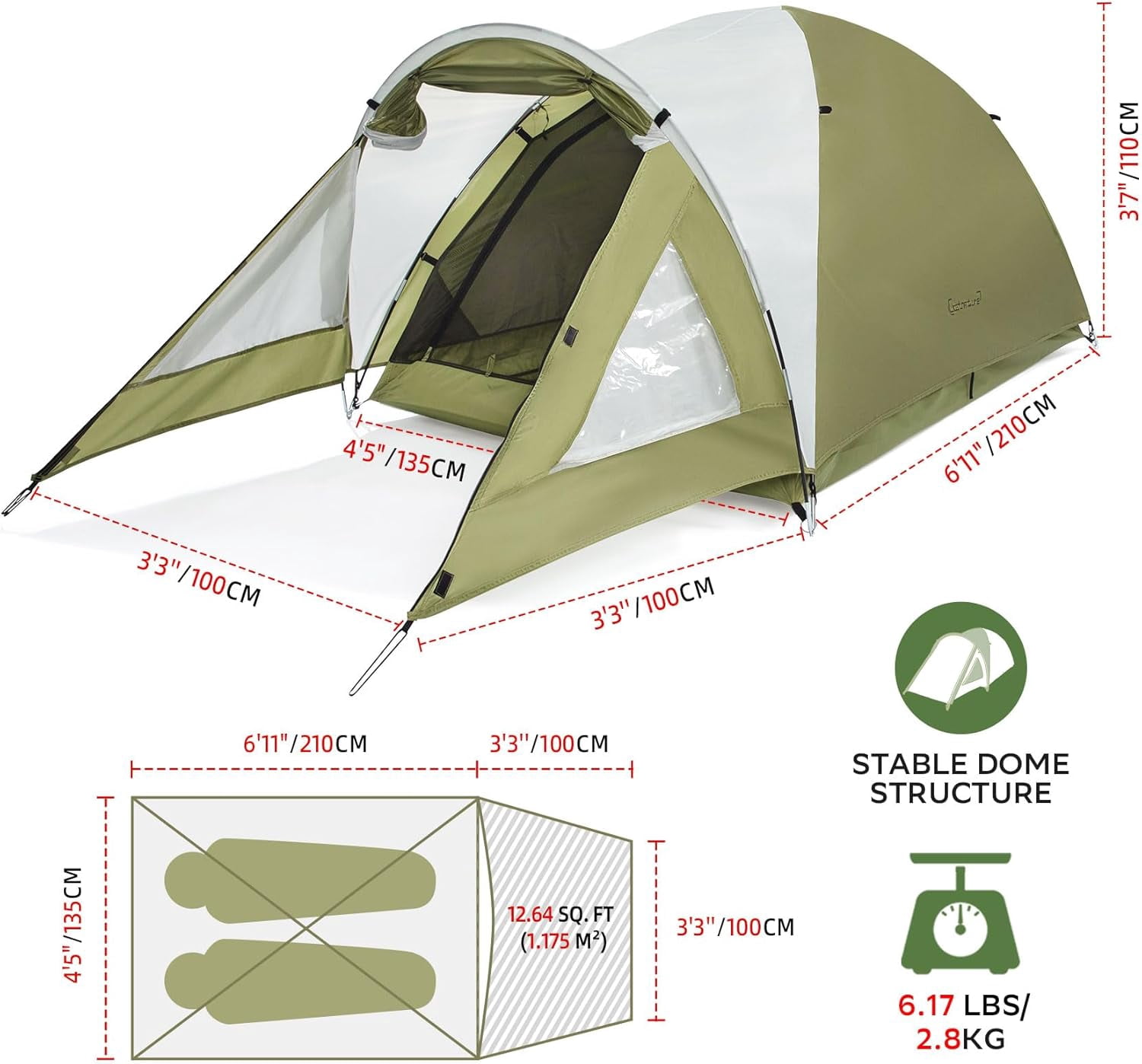Waterproof 2 Person Camping Tent with Porch Lightweight Dome Shelter for Hiking Backpacking