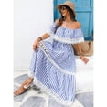 thumbnail image 2 of Blue And White Off-Shoulder Striped Maxi Dress With Lace Trim And Smocked Waist, 2 of 6