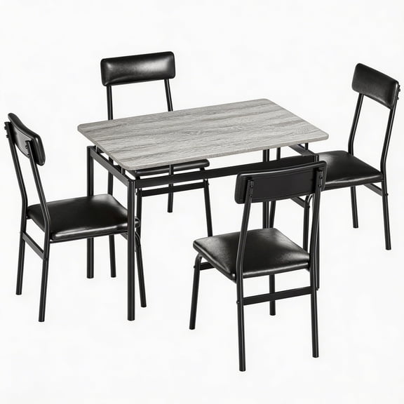 Modern 5-Piece Dining Table Set for 4 – Wooden Kitchen Table & PU Chairs – Industrial Metal Frame – Space-Saving for Dining Room, Kitchen, Apartment – Black