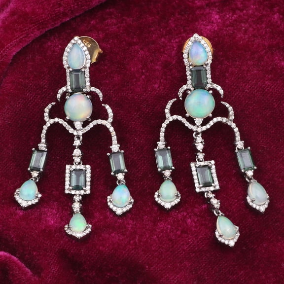 Natural Opal Tourmaline,Diamond Gemstone 925 Sterling Silver Earrings