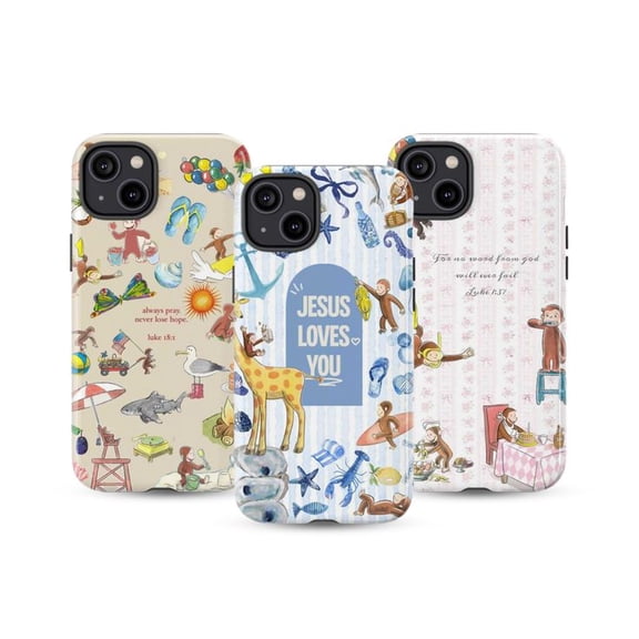 Combo 3 Faith Inspired Curious Monkey Phone Case Combo, Bible Verse & Jesus Loves You iPhone Cover Set, Whimsical Christian Artistic Protective Case for iPhone 16 15 14 13 12 11 Plus Pro Max Mini