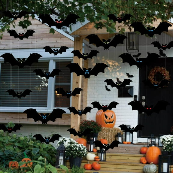 3D Halloween Hanging Bats Decoration, 12 Pieces Realistic Scary Hanging Bats with Glowing Eyes for Yard Sign Outdoor Indoor Lawn Decorations,Hanging Glow in The Dark Bats Outdoor Decor