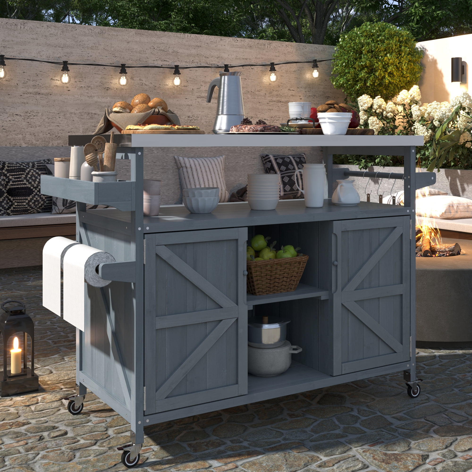 Outdoor Kitchen Island with Stainless Steel Top and Locking Wheels, Rolling Bar Cart and Grill Table with Spice Rack for BBQ and Patio, Grey Blue