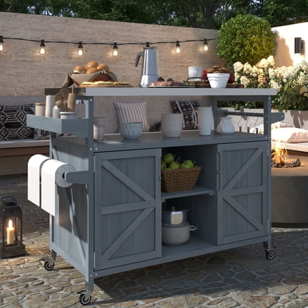 DTTRA 50.25" Solid Wood Outdoor Kitchen Island Cart with 1.2" Thick Stainless Steel Top, Rolling BBQ Grill Prep Table with Storage Cabinet, Spice Rack, Wheels & Hooks for Patio Backyard, Grey Blue