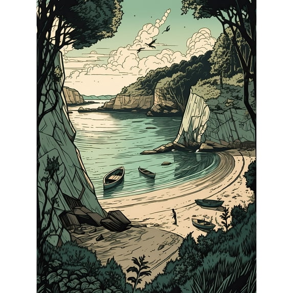 Boat Trip to a Secluded Beach Coastal Landscape Large Wall Art Poster Print Thick Paper 18X24 Inch