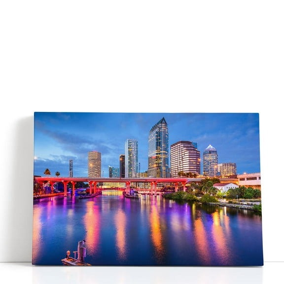 Tampa, Florida, Downtown Skyline on the Hillsborough River - Wrapped Canvas Print Wall Art | 18" W x 12" H