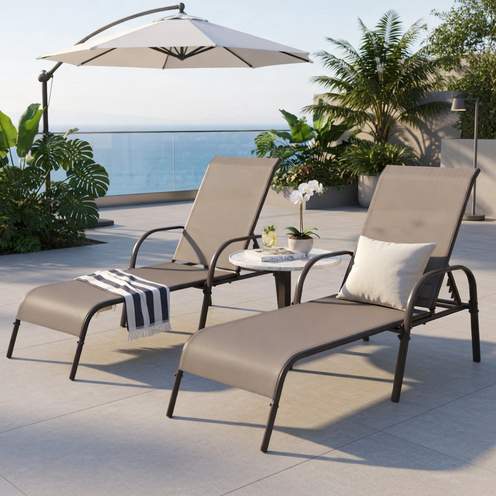 Hommoo 2-Pack Adjustable Outdoor Chaise Lounge Chairs, Breathable Sun-Resistant Fabric, Heavy-Duty Steel Frame, 5-Position Reclining Backrest for Patio, Poolside & Backyard, Brown