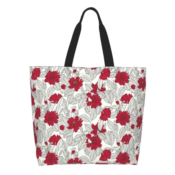 Disketp Leaves And Anemone Flowers In Red Grey Bolsa Tote Estampada para Mujer, Bolso de Hombro y de Mano para Compras y Viajes
