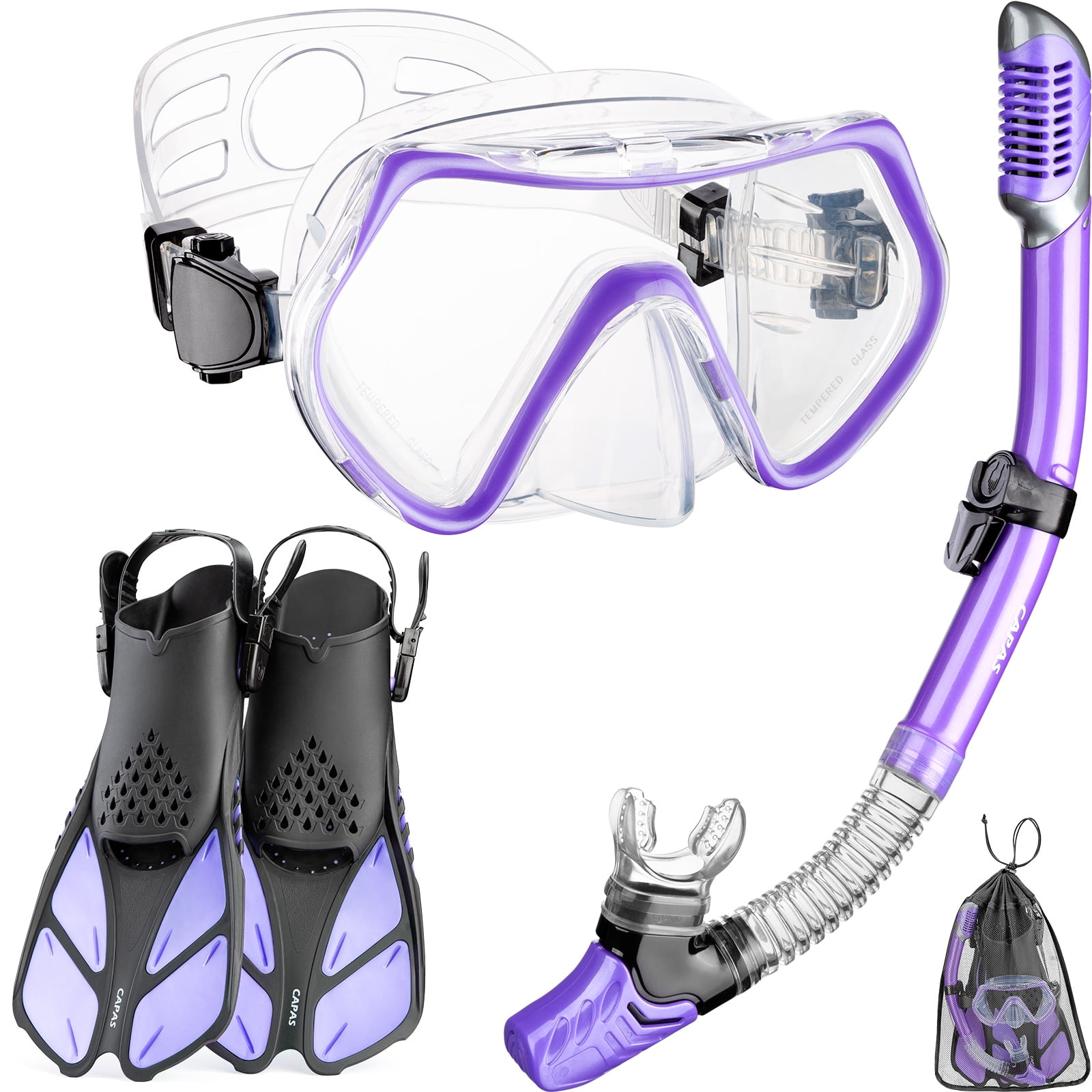 CAPAS Snorkel Mask Fins Set, Travel Size Snorkeling Gear for Adults