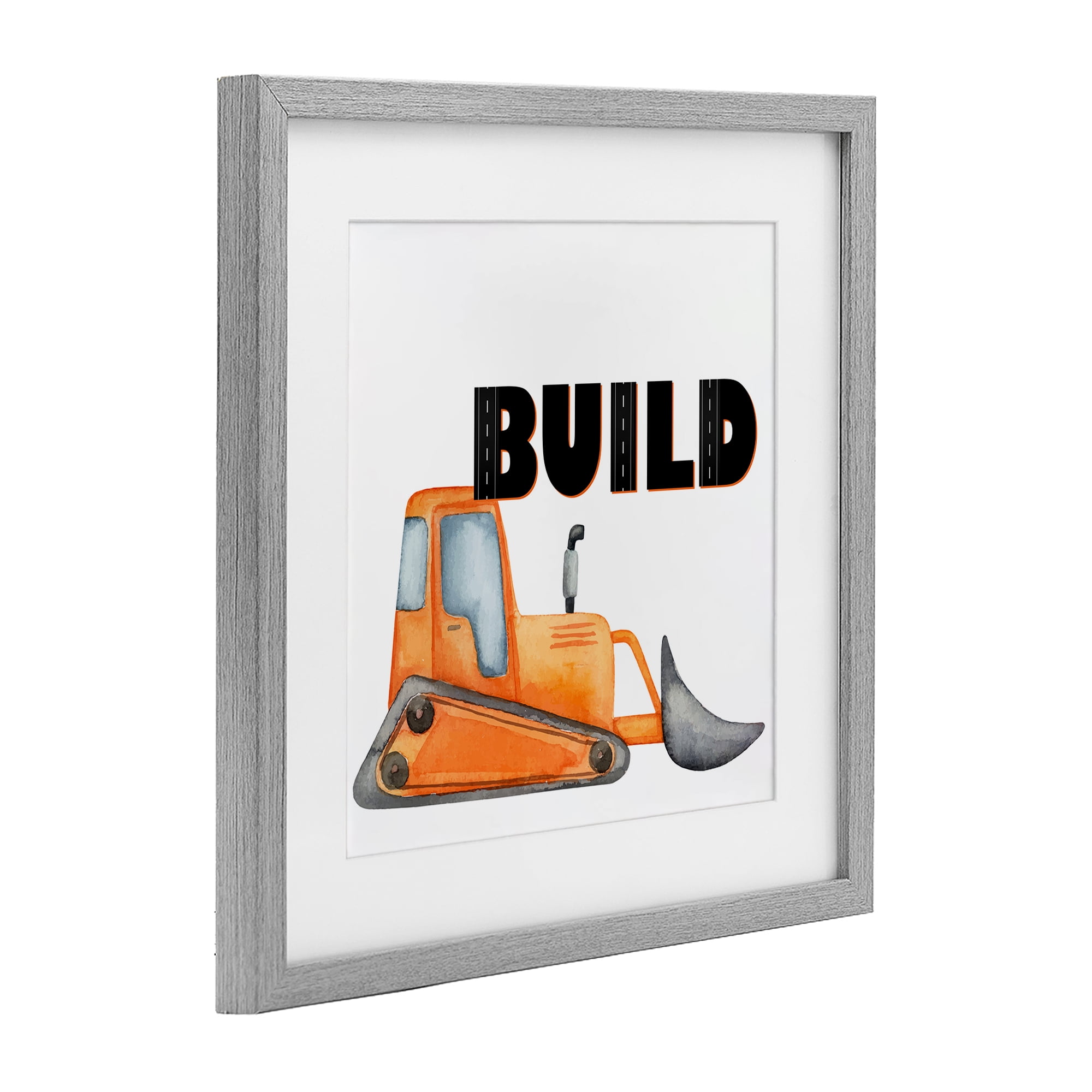Build with Orange Bulldozer Gray Framed Print Under Glass, design by Kim Allen
