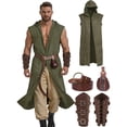 thumbnail image 2 of Virmaxy Halloween Costume Men's Medieval Hooded Tunic Set Renaissance Costume with Belt Pouch and Bracers for Halloween Party Army Green, 2 of 6
