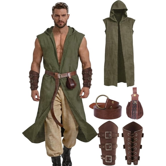 Men Medieval Hooded Surcoat Renaissance Tabard Sleeveless Tunic Cloak Halloween Viking Costume with Belt & Bracers