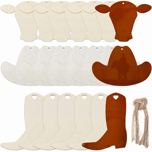 30Pcs 3 Styles Wood Cowboy Hat Western Wooden Cutouts with 30Pcs Rope Cattle Farm Animal Burlywood Unfinished Blank Hanging Ornaments Tags for DIY