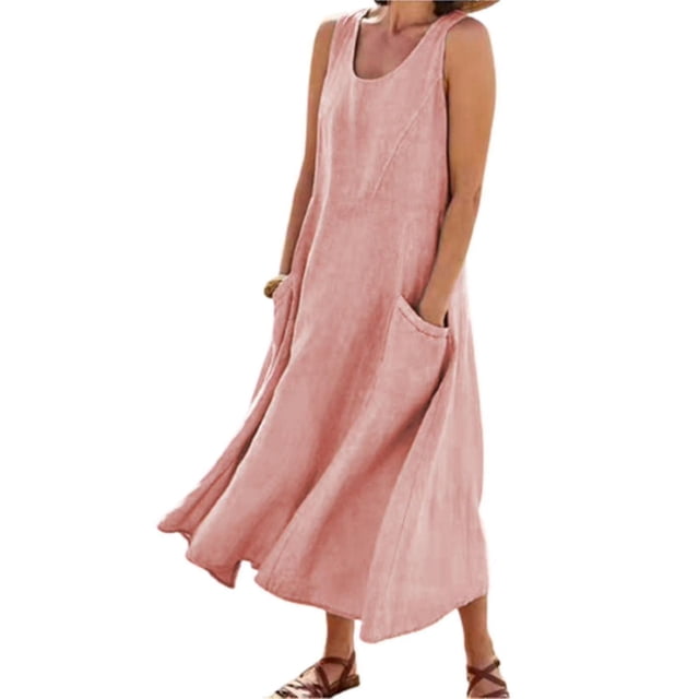 Robe Sans Manches en Lin de Coton avec Poches Style Boho pour Femmes