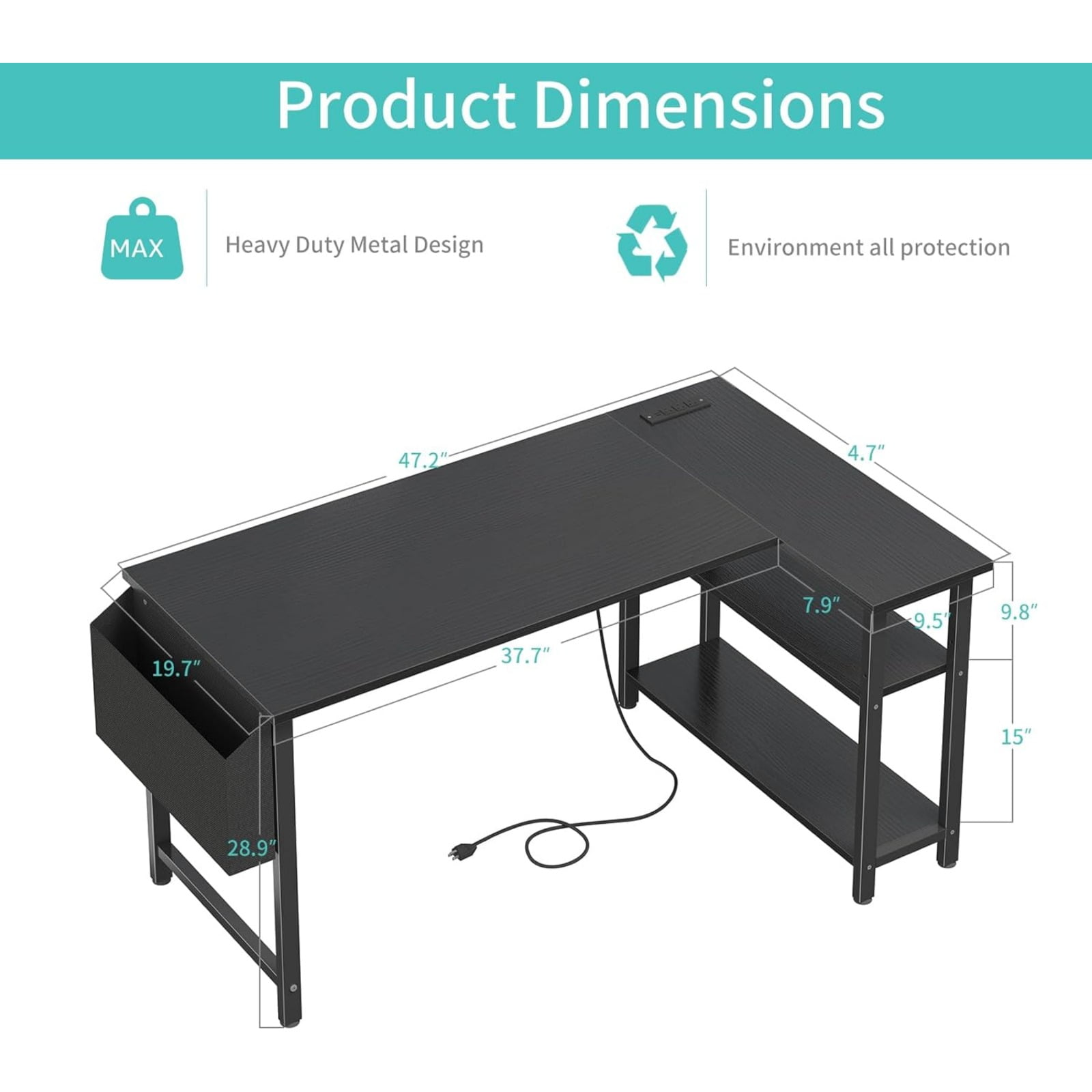 JEZWX 47 Inch L-Shaped Computer Desk with Power Outlet and Storage Shelves, Corner Desk for Home Office Bedroom, Study Writing PC Desk, Black