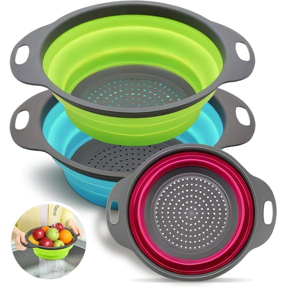 Silicone Collapsible Colander,3 Round Silicone Kitchen Strainer Set,2 pcs 4 Quart and 1 pcs 2 Quart,Perfect for Draining Pasta,Vegetable and fruit (green,blue,purple)