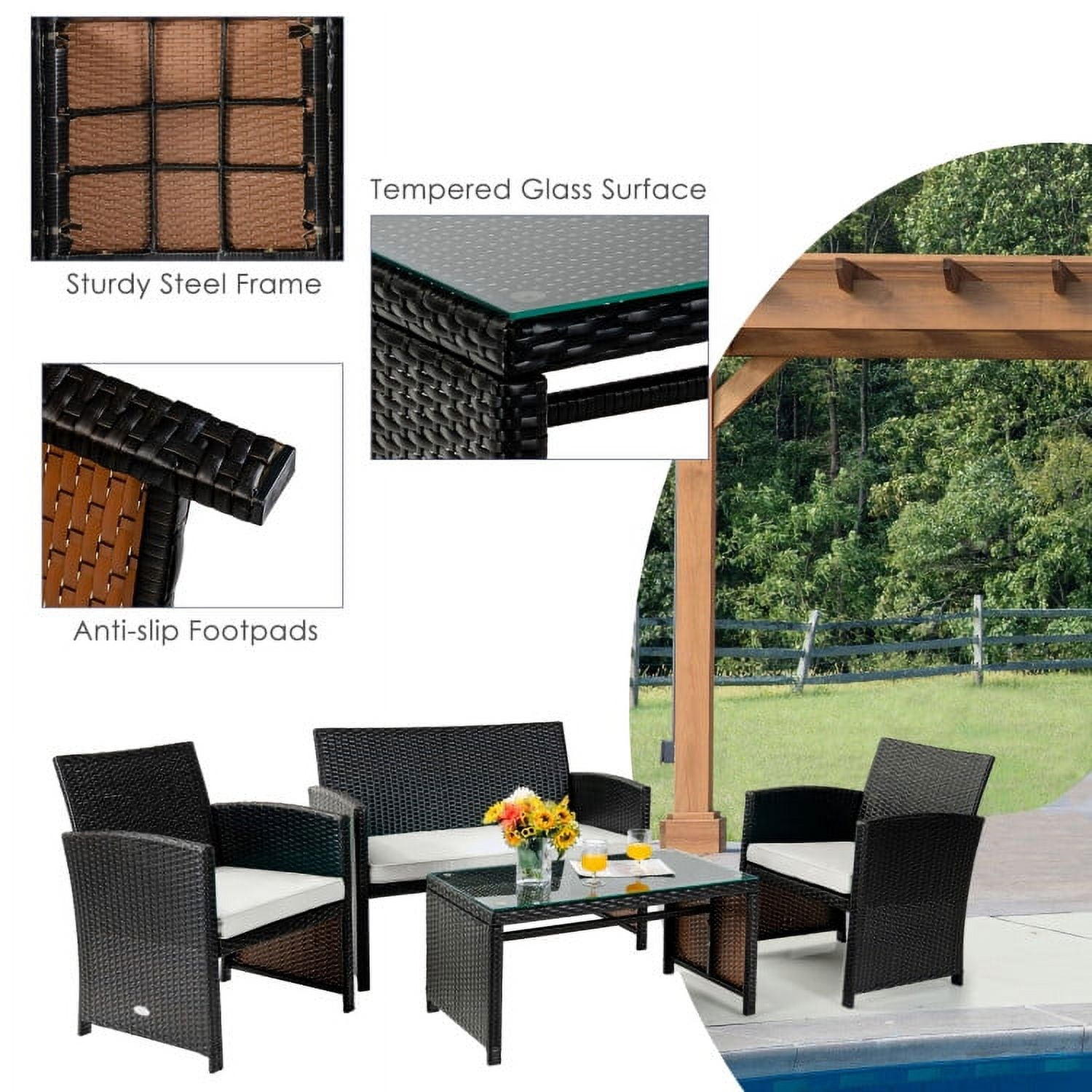 Aimee Lii 4 Pieces Wicker Patio Furniture Set, Coffee Table Cushioned Sofa, Modern Patio Furniture, White Aimee Lii 4 Pieces Wicker Patio Furniture Set, Coffee Table Cushioned Sofa, Modern Patio Furniture, White