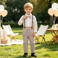thumbnail image 5 of QTBIUQ Toddler Boys Three-Piece Suit Set Cotton Turn-Down Collar Shirt and Suspender Pants Formal Outfit Set with Bow Tie, 5 of 9