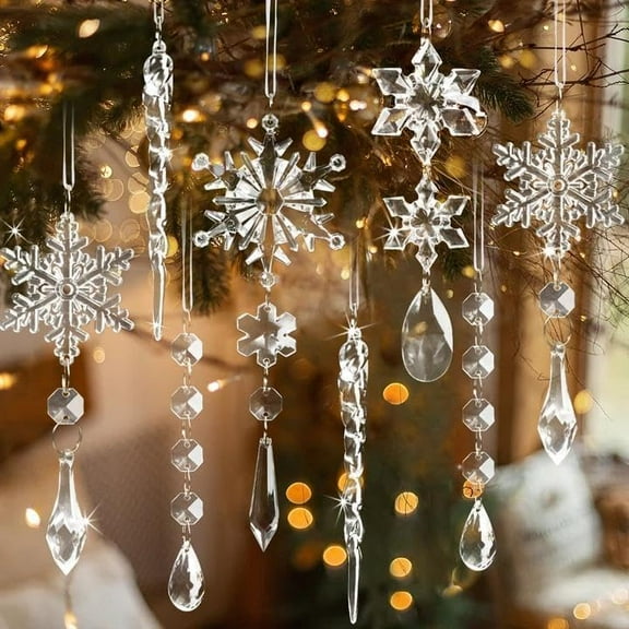 18pcs Christmas Tree Decoration Crystal Ornaments - Hanging Acrylic Christmas Snowflake Icicle Drop Crystal Ornaments for Xmas Tree Winter New Year Party Supplies
