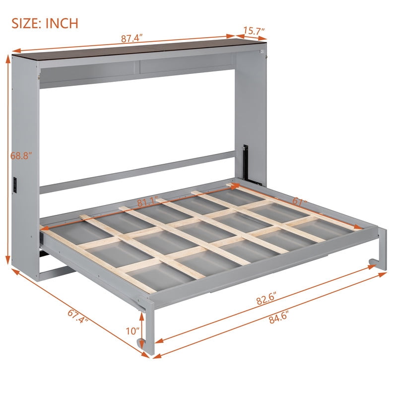 Queen Size Wood Murphy Bed with Hidden Folding Platfom Bed, Wall Cabinet Bed Frame with Shelf Top & Side Charging Station