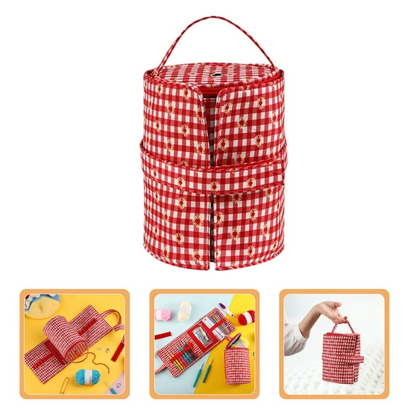 PAMINGONO Knitting Needle Storage Polyester 1Set Red and White Checkered with Daisy Pattern