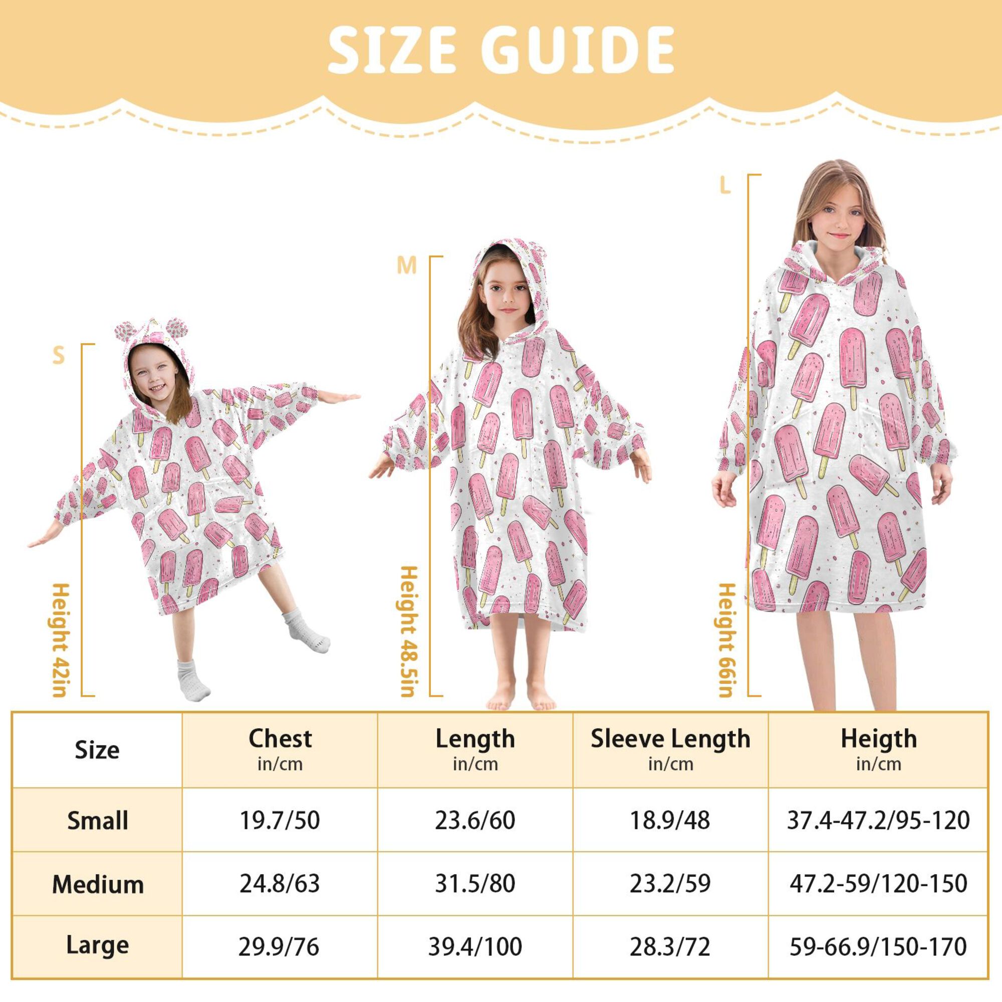 FORMRS Wearable Blanket Hoodie with Sleeves for Kids Cozy Flannel Sweatshirt, Pink Popsicle Pattern
