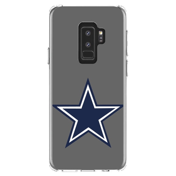DistinctInk Clear Shockproof Hybrid Case for Samsung Galaxy S9+ PLUS (6.2" Screen) - TPU Bumper, Acrylic Back, Tempered Glass Screen Protector - Dallas Star Grey Navy - Football Team
