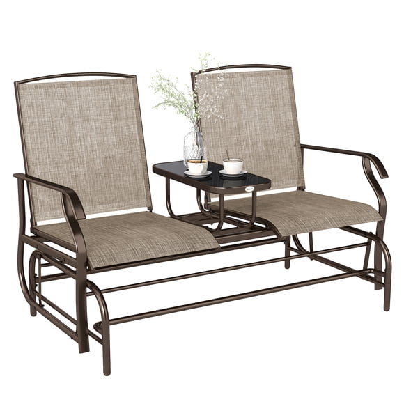 Outsunny Outdoor Glider Bench with Table Gliding Chair for 2 Flaxen