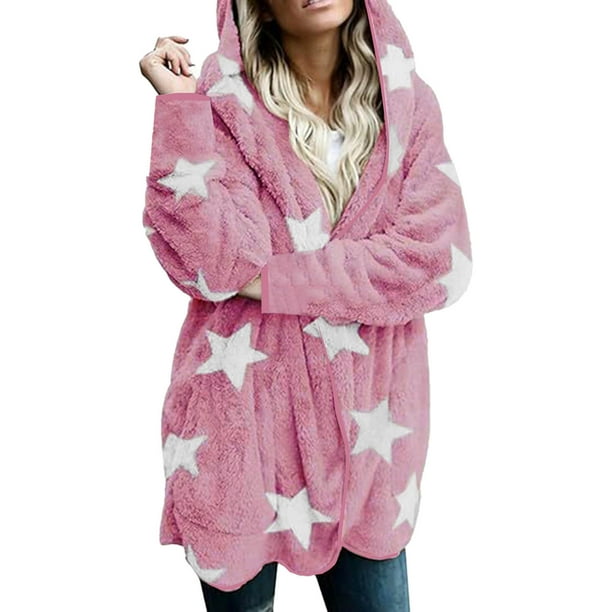Puntoco Abrigo Informal Con Capucha Y Estampado De Estrellas De Manga Larga Holgado De Felpa Para Otoño E Invierno Para Mujer
