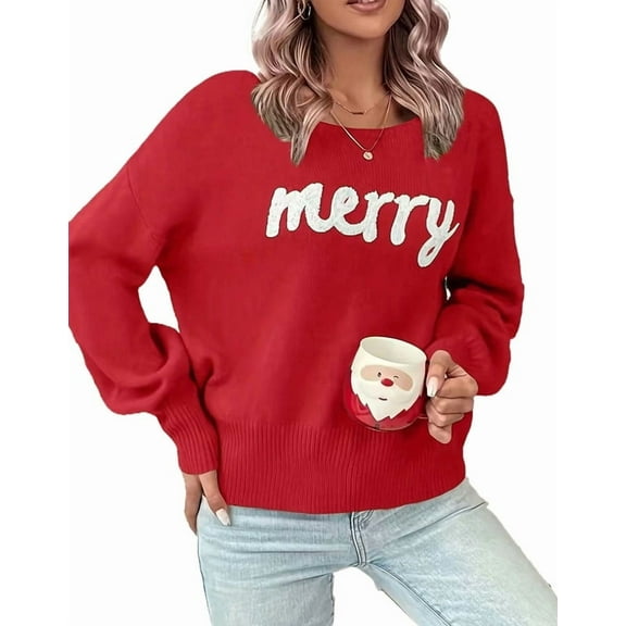 Christmas Sweaters for Women Casual Loose Scoop Neck Pullover Sweater Letter Merry Printed Ugly Christmas Sweater Red Shermie