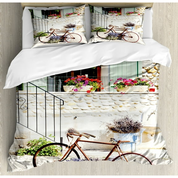 Bicycle Duvet Cover Set King Size, European French Mediterranean Rural Stone House with Bike Countryside Provence Day Photo, Decorative 3 Piece Bedding Set with 2 Pillow Shams, Multi, by Ambesonne