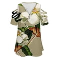 thumbnail image 4 of Vintage White Magnolia Pattern on Khaki Background Womens Summer V Neck Zipper Top Short Sleeve T Shirt Off Shoulder Top Casual Classy Loose Shirts, 4 of 7