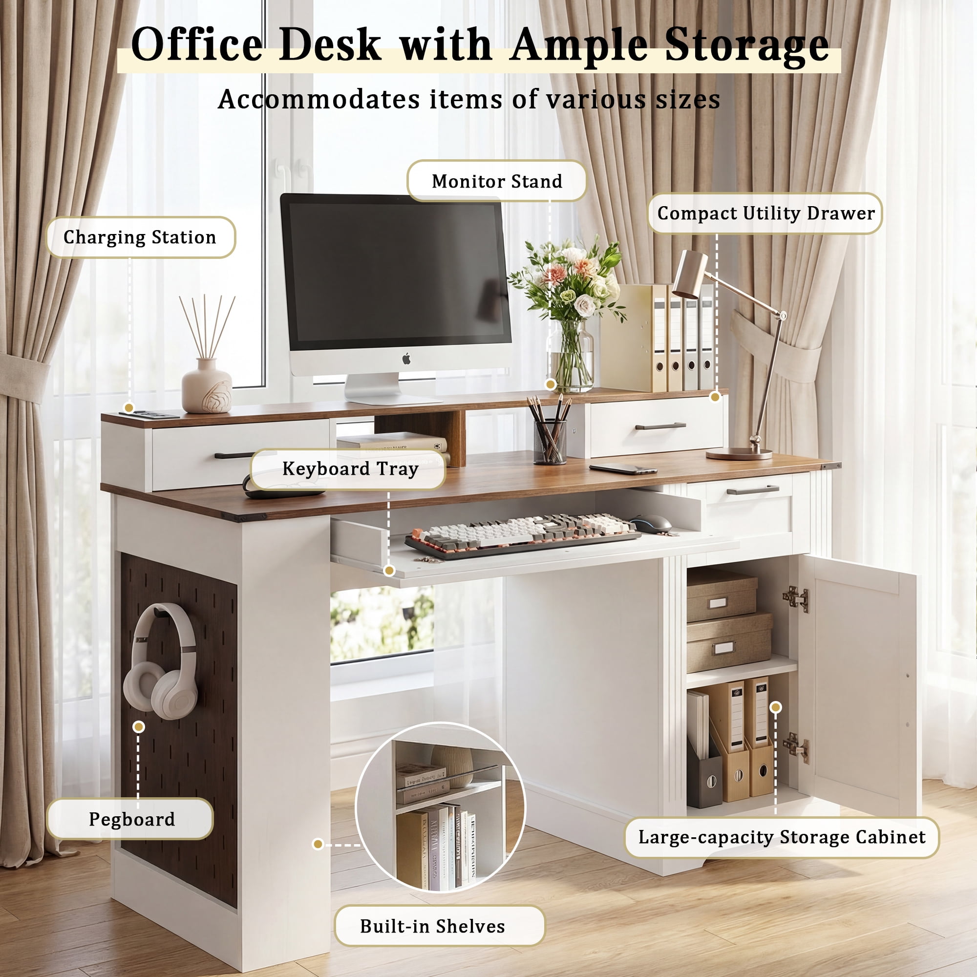 Mintazer 55" Farmhouse Office Desk with Charging Station & Storage Drawers, Computer Writing Desk with Monitor Stand, Keyboard Tray & Pegboard for Study Living Room Home Office, White