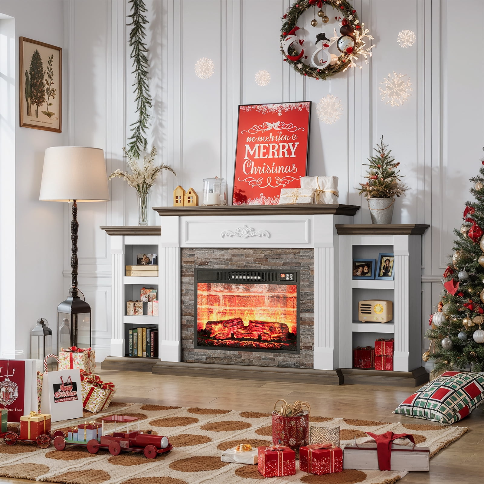 LGHM 72" Fireplace TV Stand for 75 inch 80 inch TV, Electric Fireplace with Mantel, Farmhouse Television Stands with 23" Electric Fireplace, White Brown