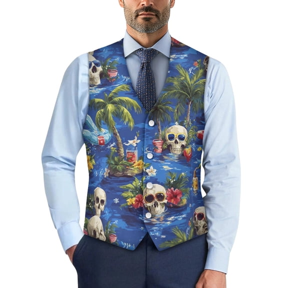 POLERO Sleeveless Formal Vest for Casual Wedding, Woven Fabric Slim Mens Suit Vest, Skull Pool Party Print