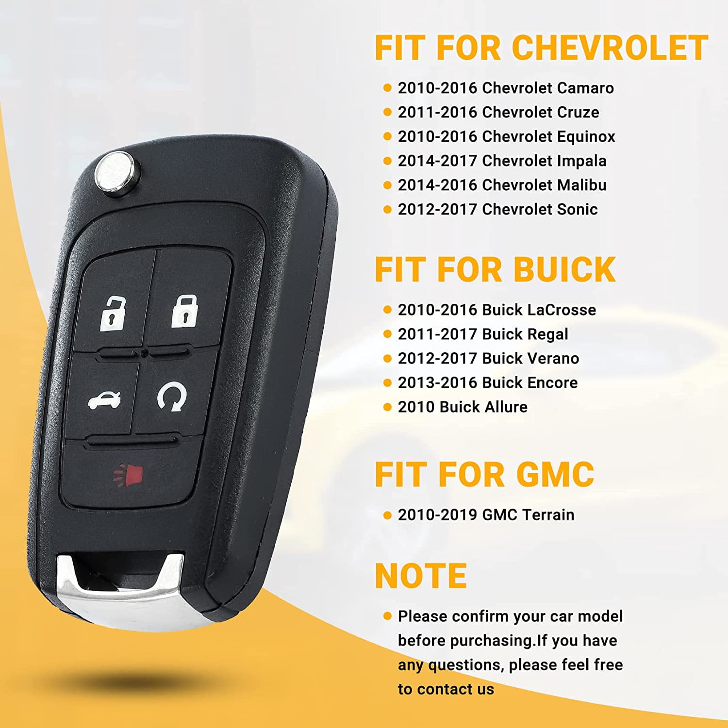 Car Key Fob Keyless Entry Remote Compatible with Chevy  Cruze/Camaro/Impala/Equinox/GMC Terrain/Buick Lacrosse 2010 2011 2012 2013  2014 2015 2016 2017