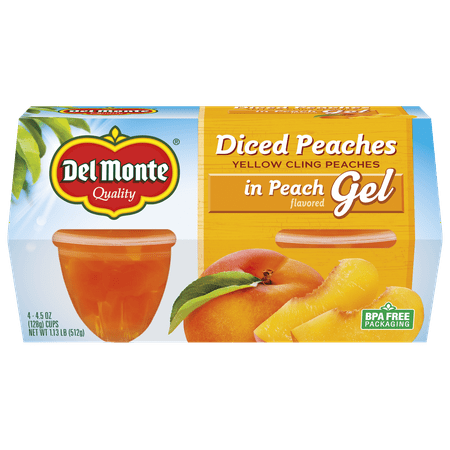 (4 Cups) Del Monte Diced Peaches in Gel, Fruit Cup Snacks, 4.5 oz