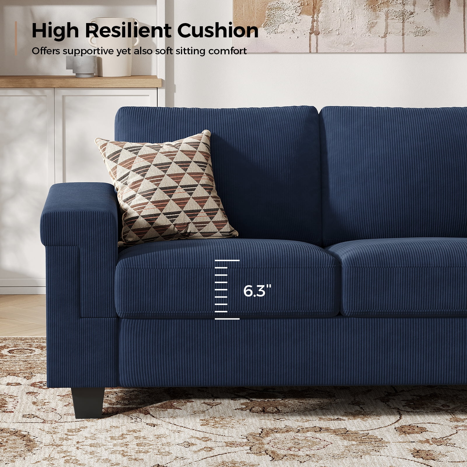 BLAZANT 90" 3 Seater Sofa Couch with Deep Seat, 90" Modern Upholstered Sofa with Armrests, Easy Installation, Comfy Couches for Living Room, Apartment,Blue