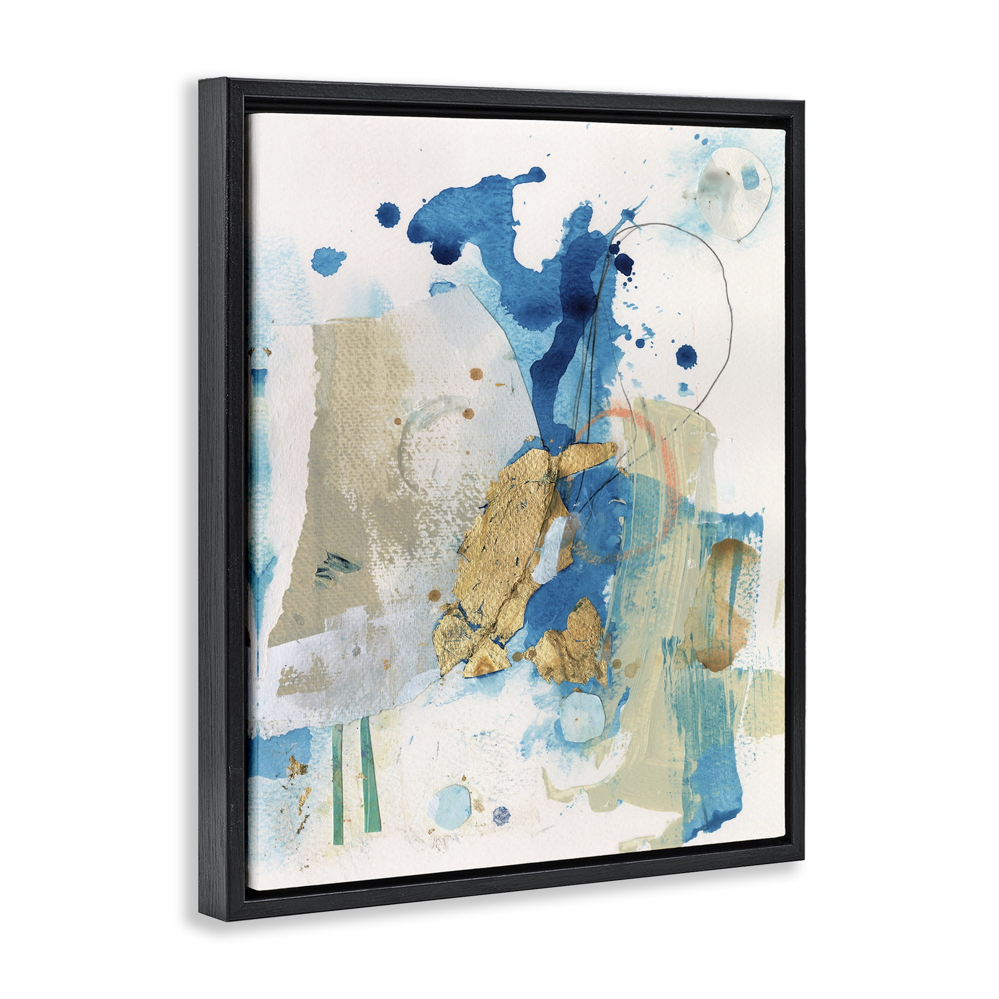 Stupell Industries Blue & Gold Splash Abstract Abstract Painting Black Floater Framed Canvas Art Print Wall Art, 17 x 21