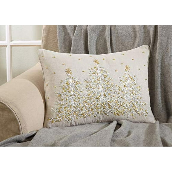 Fennco Styles Embroidered Christmas Tree 100% Cotton Decorative Throw Pillow 14" W x 20" L – Natural Holiday Cushion for Christmas, Home, Couch, Bedroom, Living Room and Office Décor