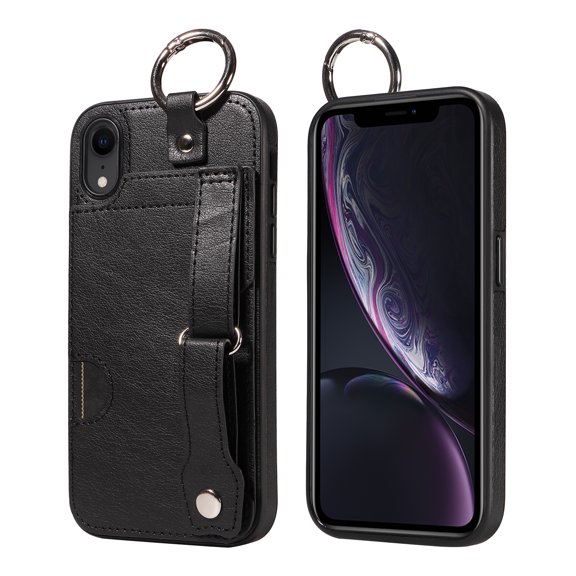 Allytech Wallet Case for iPhone XR, [Card Slot] [Ring Buckle] [Adjustable Wristband with Snap Buckles] Premium PU Leather Kickstand Shockproof Case Cover for Women Men - Black