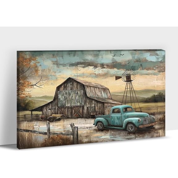 Aaheei Farmhouse Truck Wall Art, Farmhouse Canvas Wall Art, Farm Picture Wall Art, Country Antique Pickup Truck Canvas Prints, Green Teal Truck Floral Canvas Wall Decor for Living Room 8 x 10 in