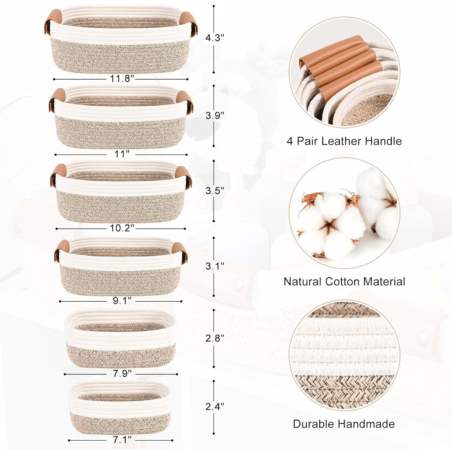 Natubeau Set of 6 Storage Basket for Organizing, Including 4 with Leather Handles & 2 Small Gifts Baskets, Rectangle Bins for Shelves, Brown & White