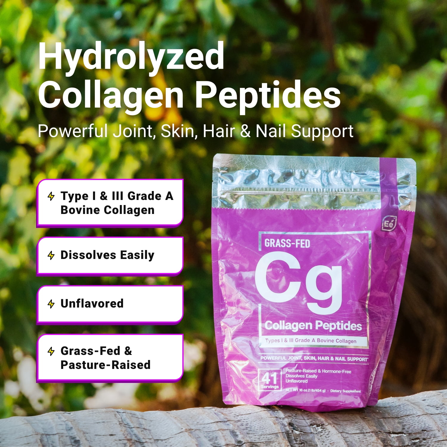 Hydrolyzed Collagen Powder - Joint, Skin, Hair, and Nail Support, Types I  & III Peptides, Non-GMO, Grass-Fed, Hormone-Free, Dissolves Easily