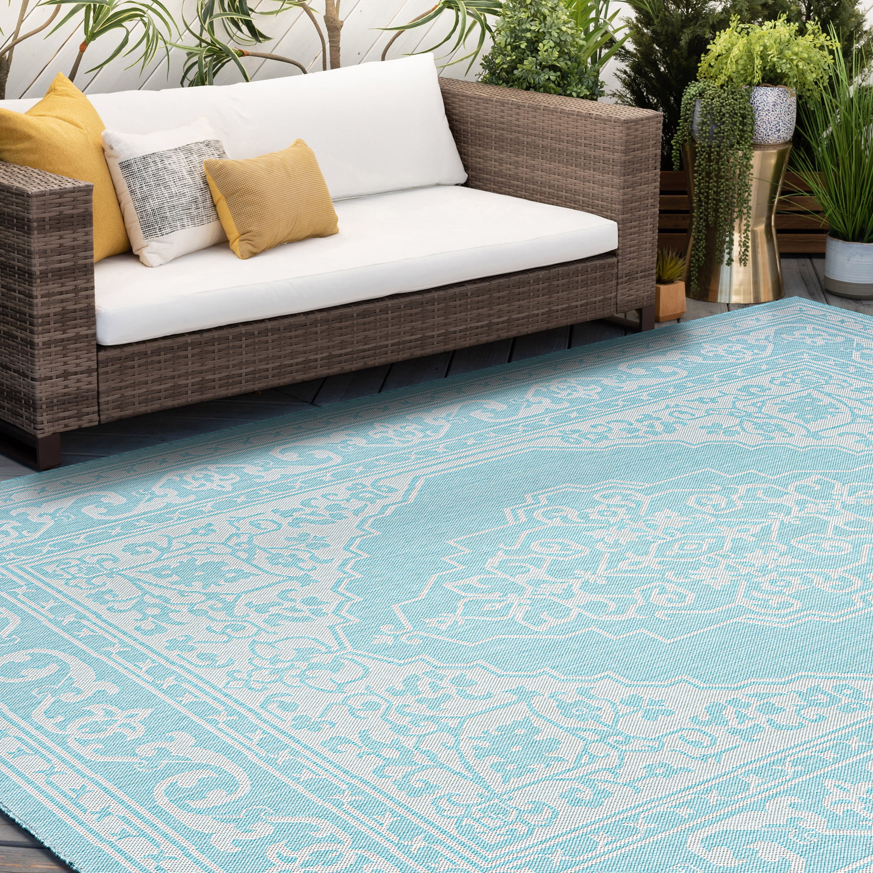 Bliss Rugs Floral Indoor Outdoor Rug Water Resistant Runner Rug for Patio, Hallway, Entryway, Deck, Aqua ,2' x 8'