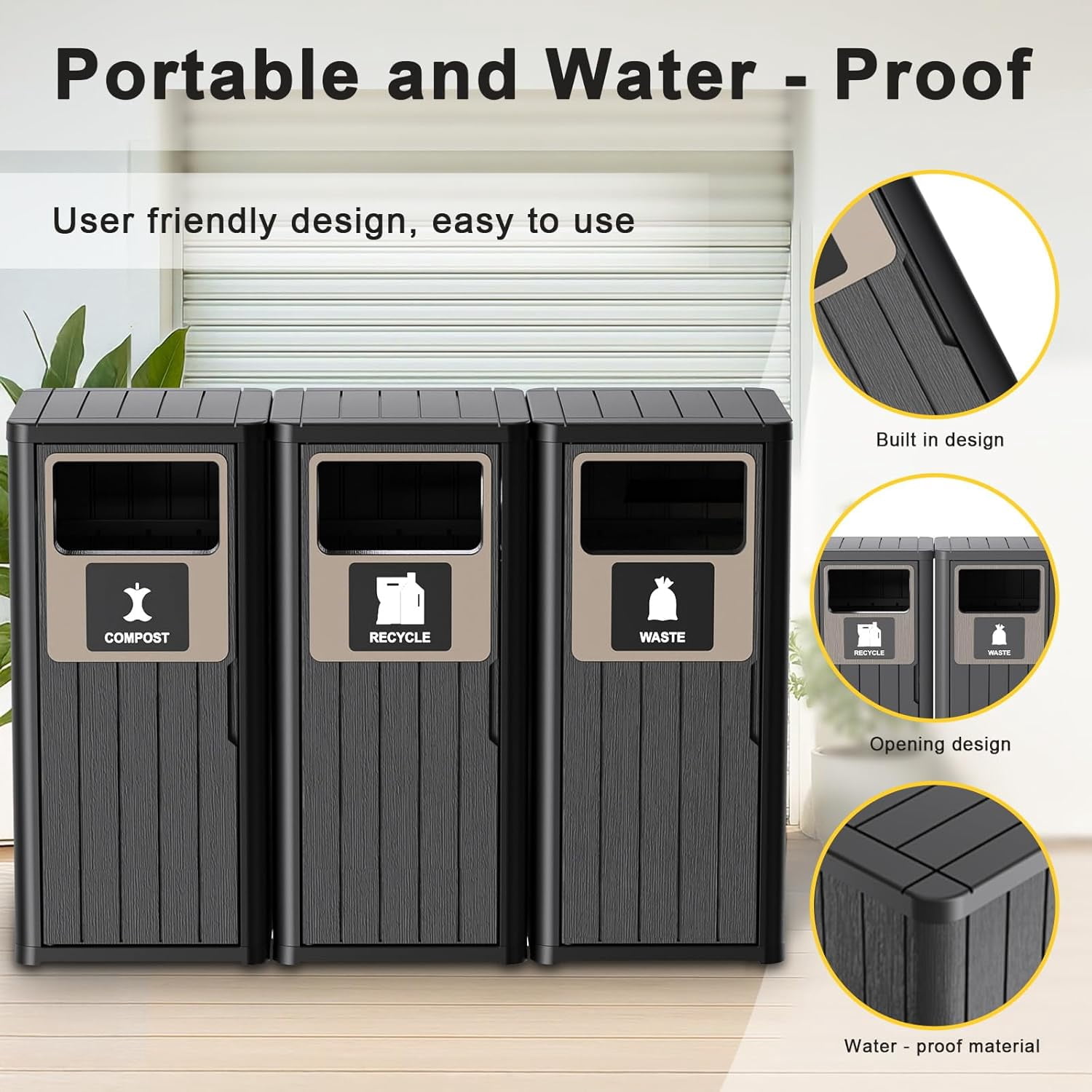 Outdoor 3-Barrel Resin Trash Can – Waterproof, Recycling Labels – Fits 30-39 Gal Bags, Durable for Porch/Backyard/Kitchen, Black, 50.8x16.5x35.4in