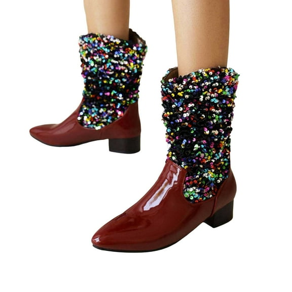 Glitter Sequin Cowboy Boots for Women Fashion Sparkly Leather Pointed Toe Wide Mid Calf Cowgirl Boots Christmas Halloween Party Dress Short Booties