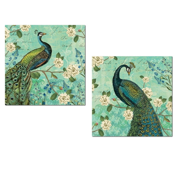Gorgeous Green, Teal and Blue Peacock and Floral Set by Sue Schlabach; Two 12x12in Unframed Paper Posters